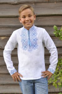 Embroidered White Shirt for Boys with Blue Ornament, 110