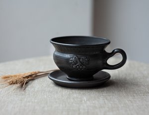Handmade Black-Smoked Ceramic Mug with Saucer