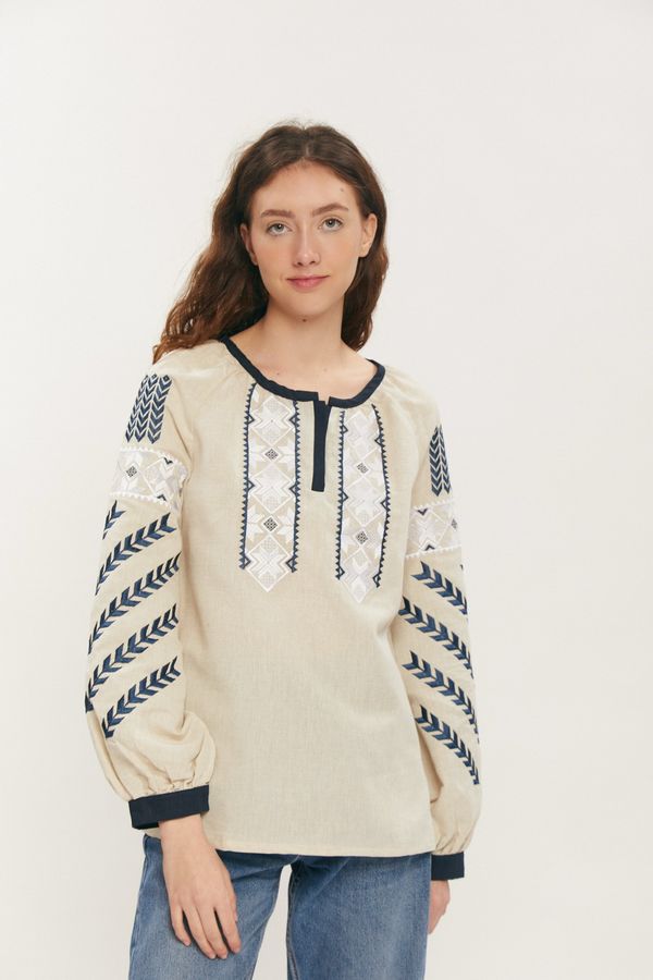 Women's Grey Shirt with White and Navy-Blue Embroidery, XS