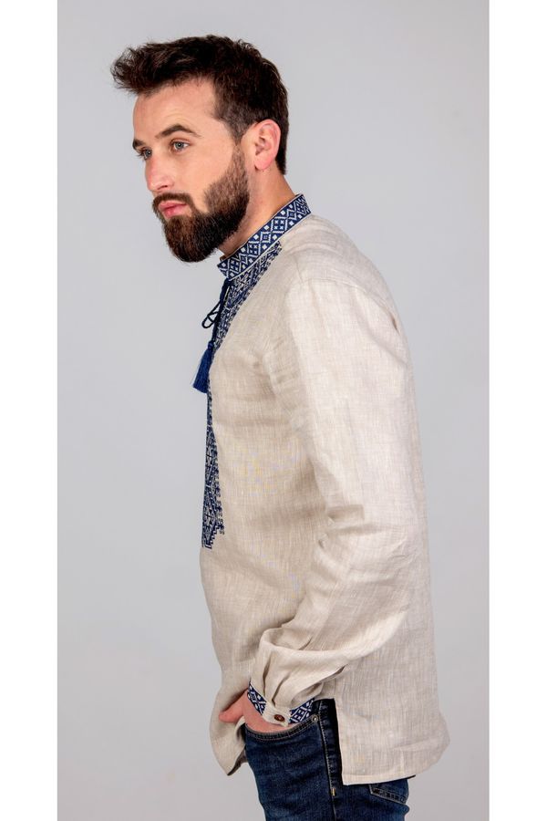 Gray Linen Shirt with Blue Embroidery, S