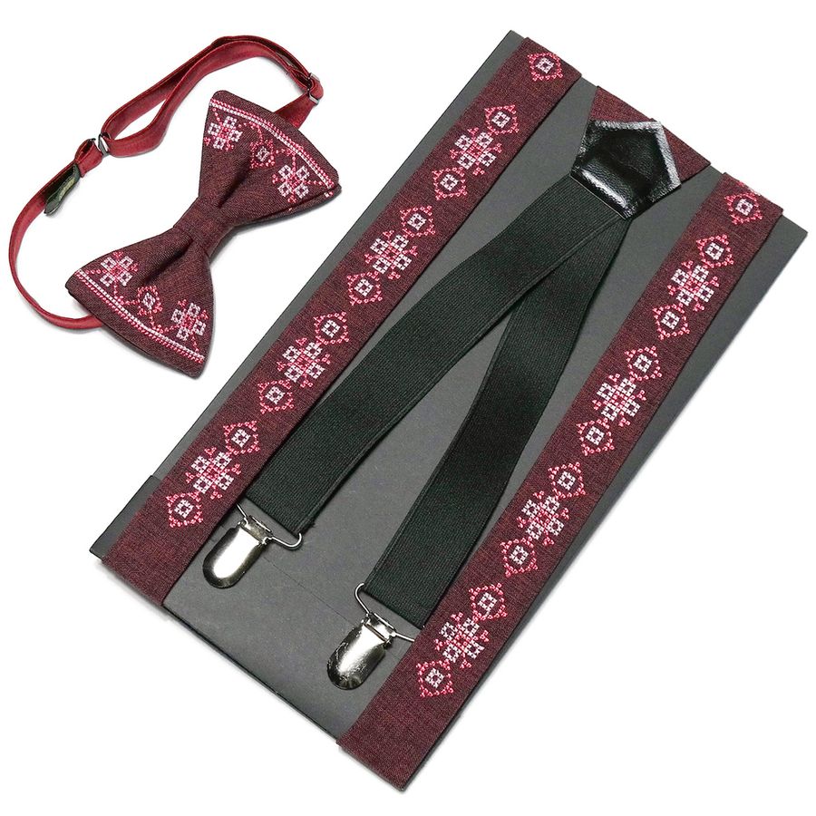 Dark Red Embroidered Set, Suspenders & Bow Tie