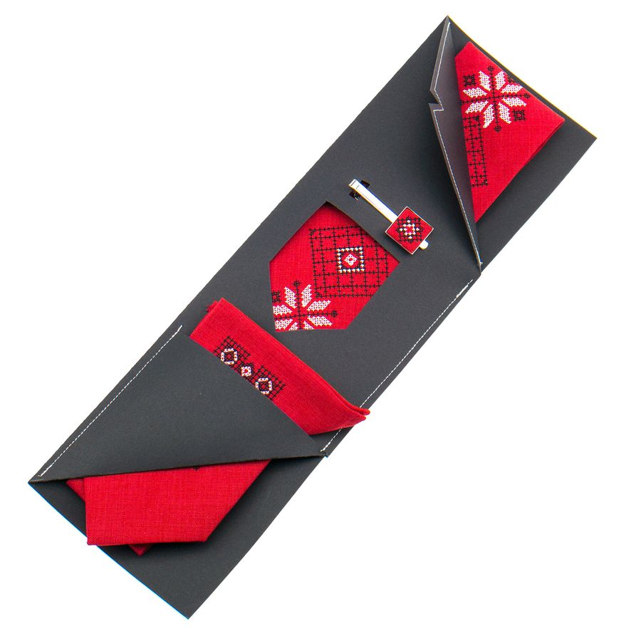 Вишитий набір з краваткою, хустиною, зажимом та запонками червоного кольору