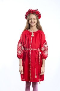 Dress for Girls Ivanna with Milky Embroidery in Dark Red Linen, 116