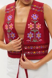 Burgundy vest “Primachenko” with floral ornament, S