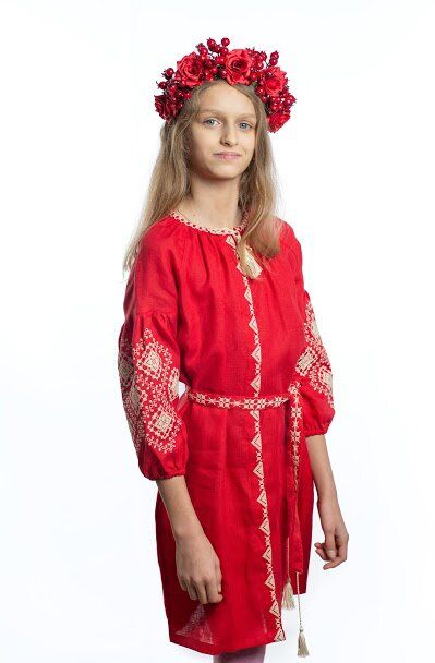 Вишита сукня для дівчинки Іванна, темно-червоний льон, 116