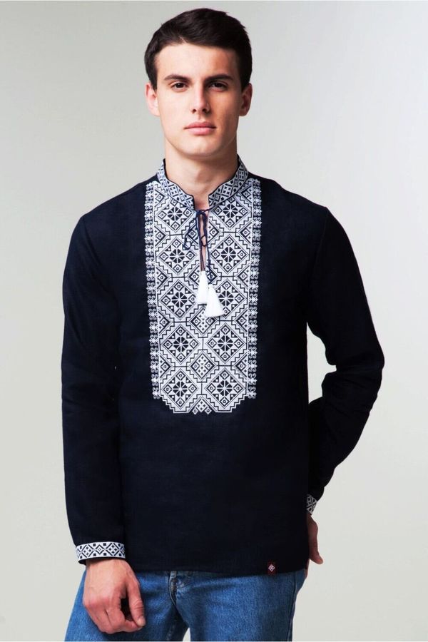 Black Linen Shirt with White Embroidery, S