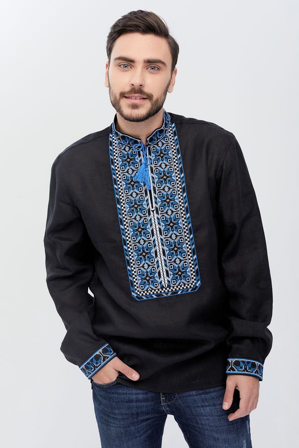 Men's Black Linen Embroidered Shirt with Intensive Ornament, XXL