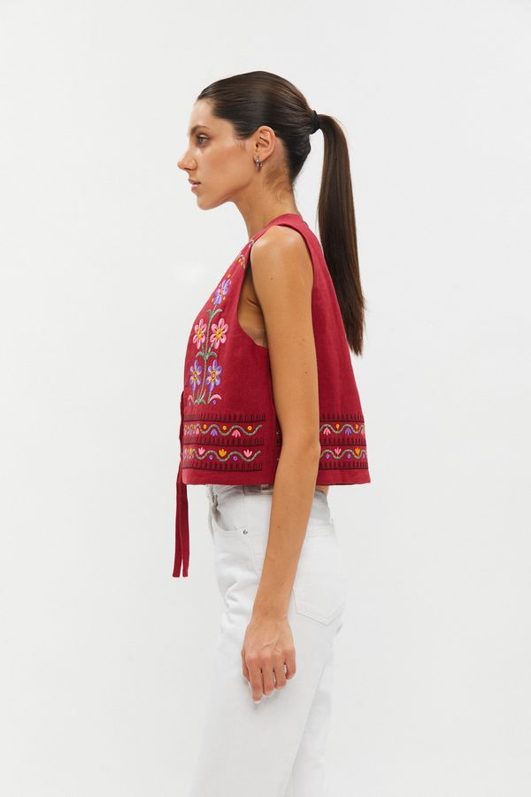 Burgundy vest “Primachenko” with floral ornament, S