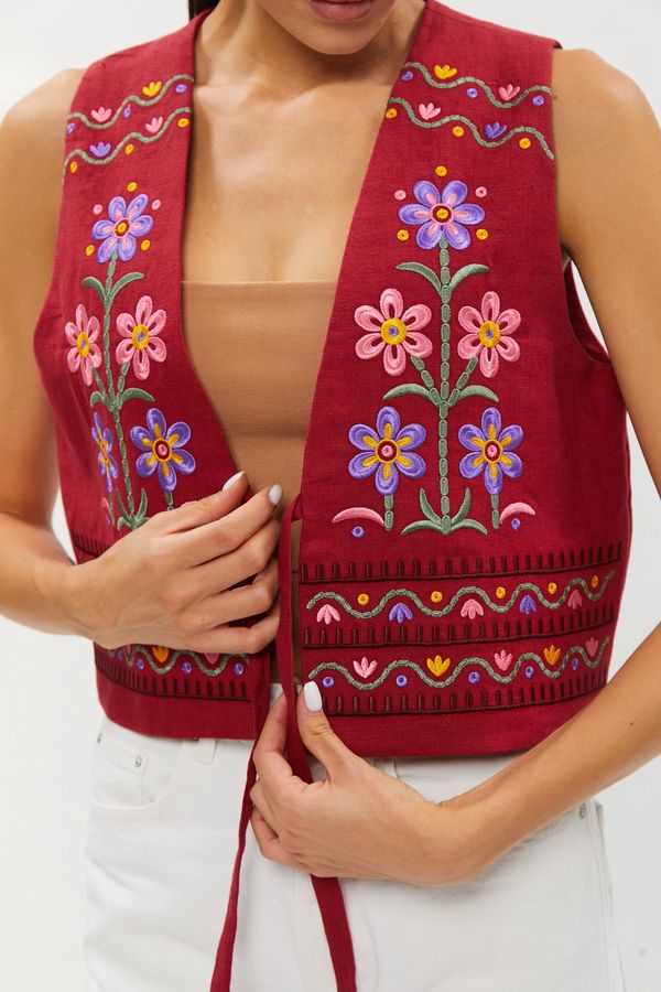 Burgundy vest “Primachenko” with floral ornament, S