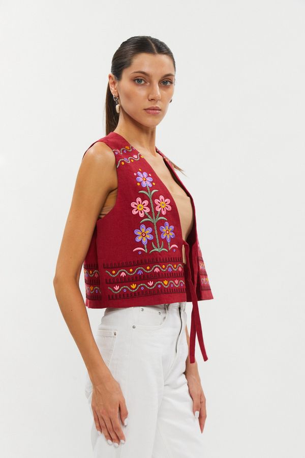 Burgundy vest “Primachenko” with floral ornament, S