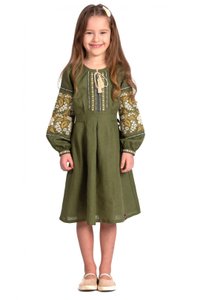 Embroidered Dress for Girls in Green Linen, 110