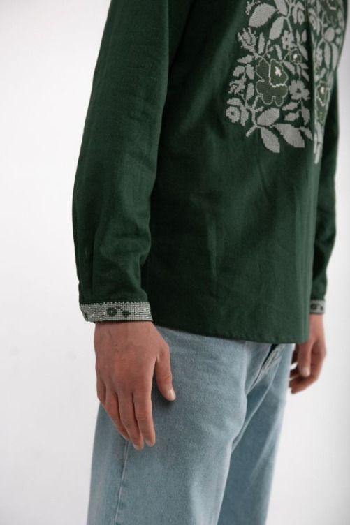Men's embroidered shirt of dark green color, S