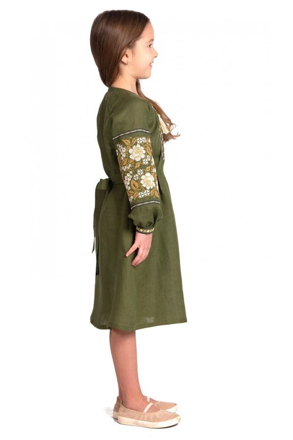 Вишита сукня для дівчинки Квітка, зелений льон, 110