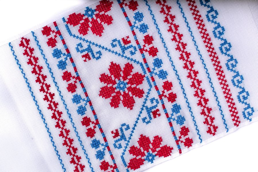 Small Handmade Embroidered Towel with Blue-Red Flowers