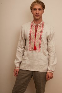 Men's Grey Shirt with Red and Beige Embroidery, 44