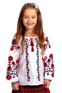 White Linen Embroidered Shirt for Girls with Dark Floral Ornament, 152
