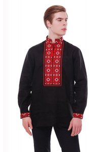 Men's embroidered shirt, black linen, red embroidery, M, 39