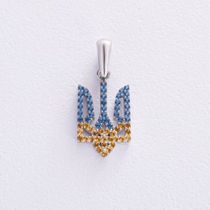 Срібний кулон "Герб України" з жовто-блакитним камінням