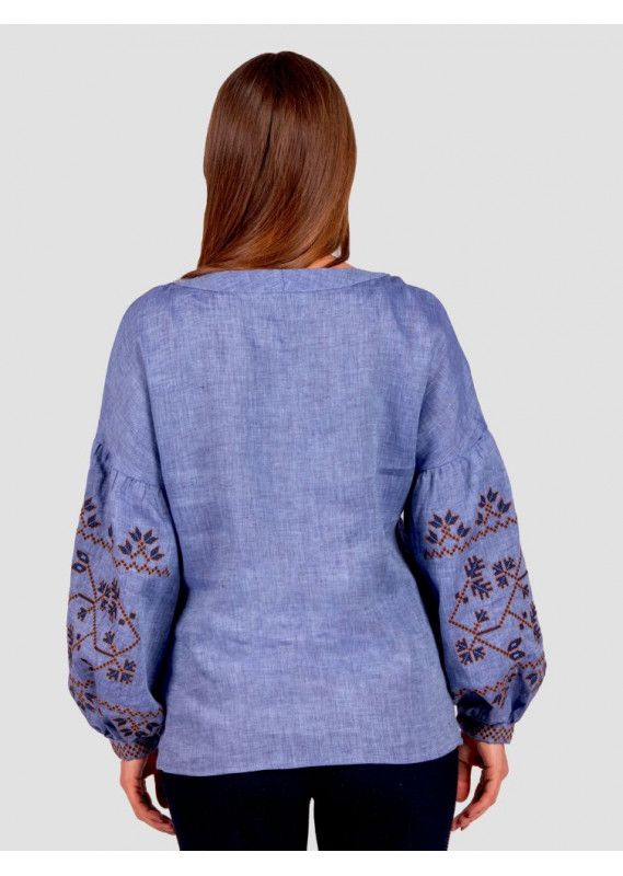 Жіноча вишиванка джинсового кольору з синьо-коричневою вишивкою , XS