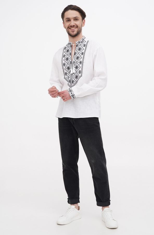 Shirt Askold white linen with black ornament, 46