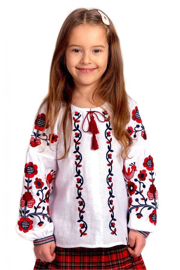White Linen Embroidered Shirt for Girls with Dark Floral Ornament, 134