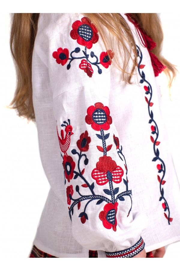 White Linen Embroidered Shirt for Girls with Dark Floral Ornament, 110