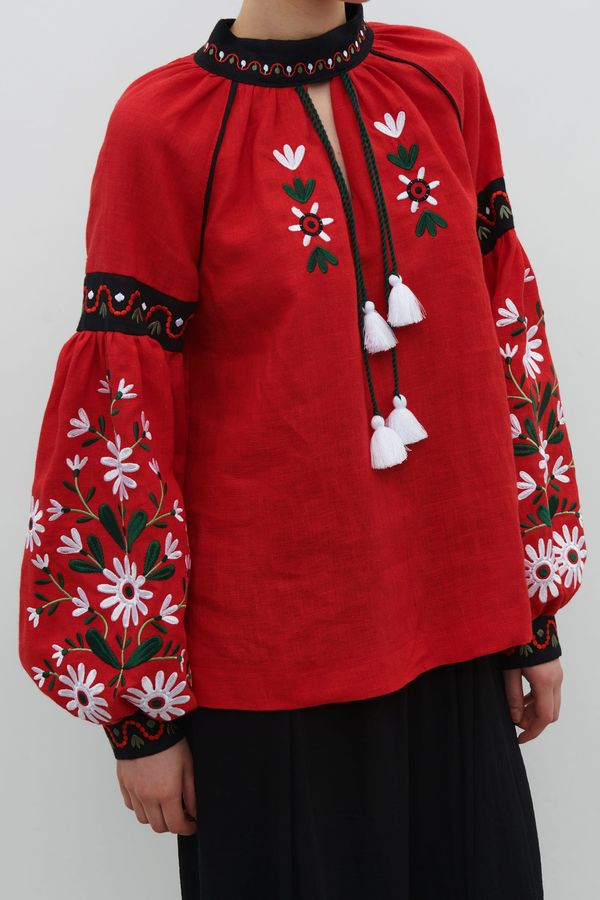 Women's red blouse “Primachenko” with floral ornament, S