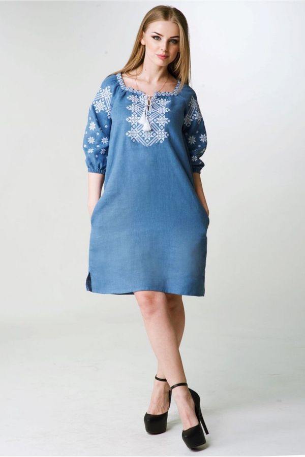 Free Cut Embroidered dress in Blue Linen, S