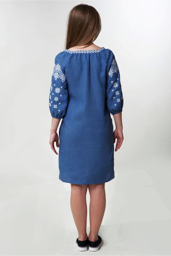 Free Cut Embroidered dress in Blue Linen, S