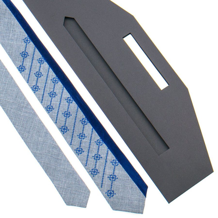 Original Gray Tie with Blue Embroidery