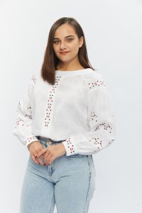 Women's white embroidered shirt with colored ornaments, S