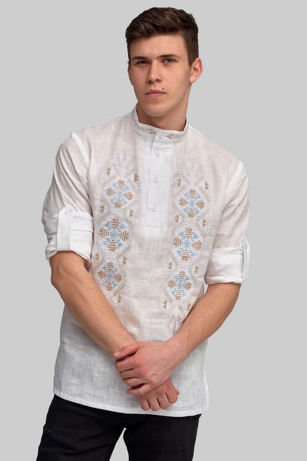 Men's White Linen Shirt with Blue Embroidery, 56