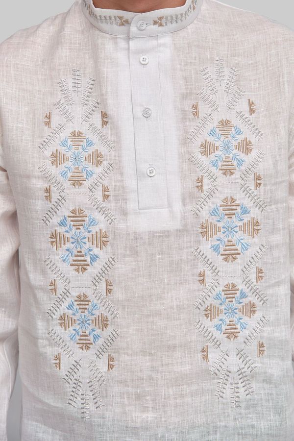 Men's White Linen Shirt with Blue Embroidery, 56