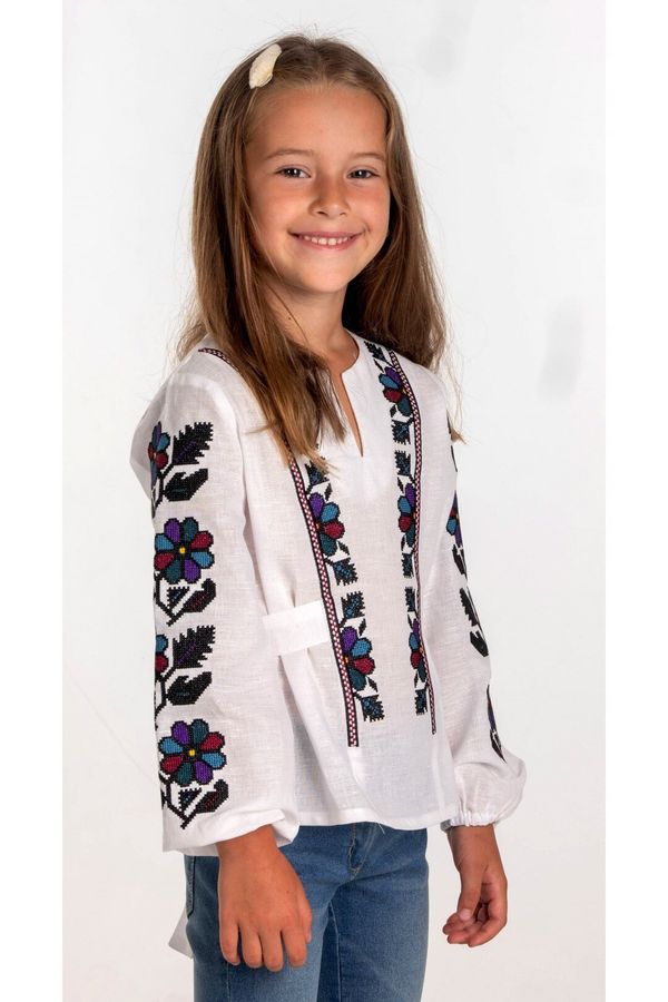 Embroidered Shirt for Girls with Multicoloured Flowers, 110