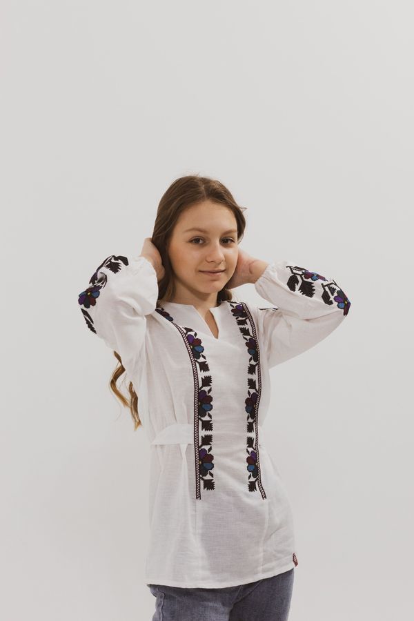 Embroidered Shirt for Girls with Multicoloured Flowers, 110