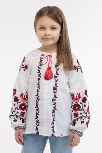 Вишиванка для дівчинки &laquo;Пташка&raquo;, червоний орнамент, 110