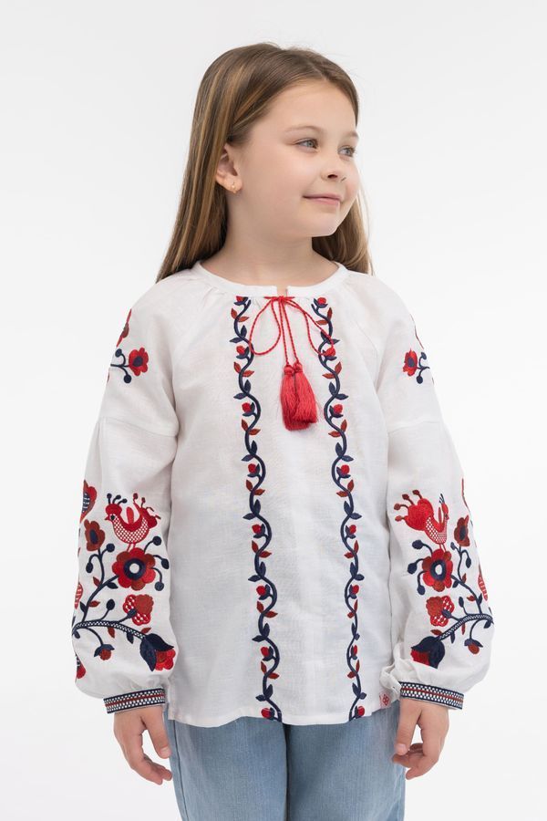 White Linen Embroidered Shirt for Girls with Dark Floral Ornament, 110
