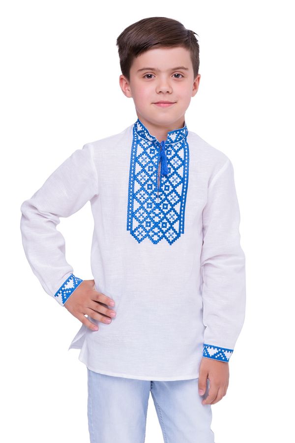 Boys' Embroidered Shirt with Blue Geometric Ornament, 128