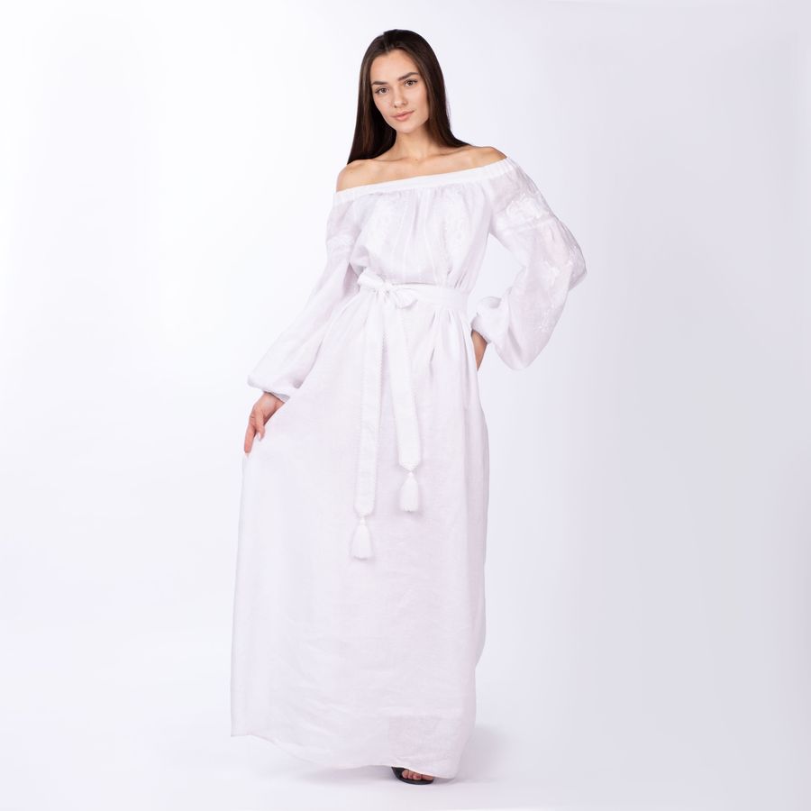 Жіноча довга сукня білого кольору з білою вишивкою , 34