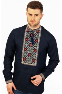 Men's Navy-blue Linen Embroidered Shirt with the Symbol of Alatyr Star, S
