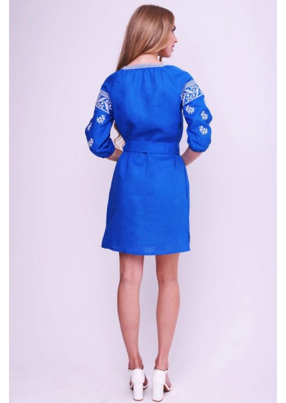 Electric-blue Linen Dress with White Embroidery, XS