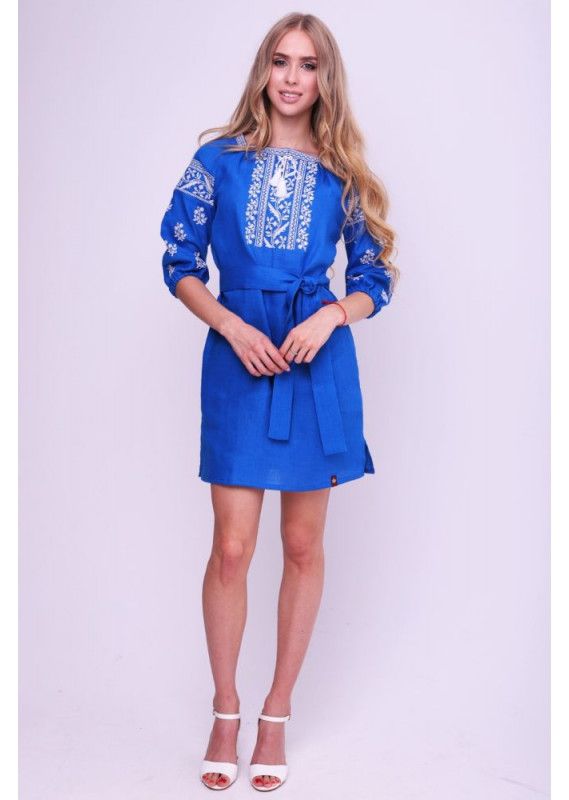 Electric-blue Linen Dress with White Embroidery, XS