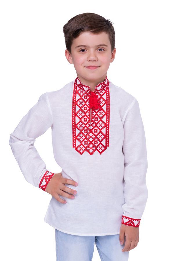 Boys' Embroidered Shirt with Red Geometric Ornament, 140