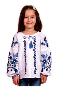 Embroidered Shirt for Girls with Dark-blue Floral Ornament, 122
