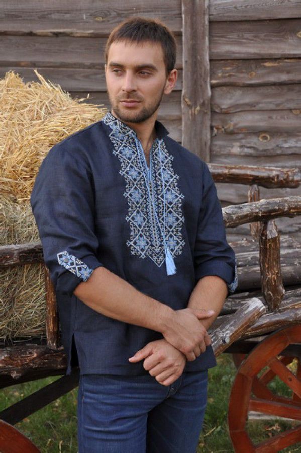 Men's Dark-Blue Linen Shirt with Embroidery, 46