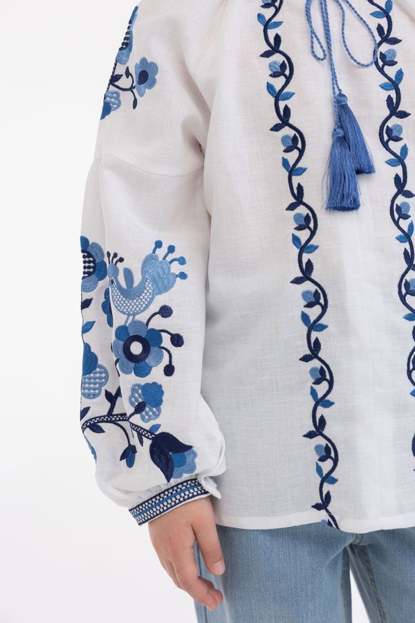 Embroidered Shirt for Girls with Dark-blue Floral Ornament, 122