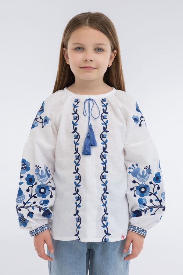 Embroidered Shirt for Girls with Dark-blue Floral Ornament, 122