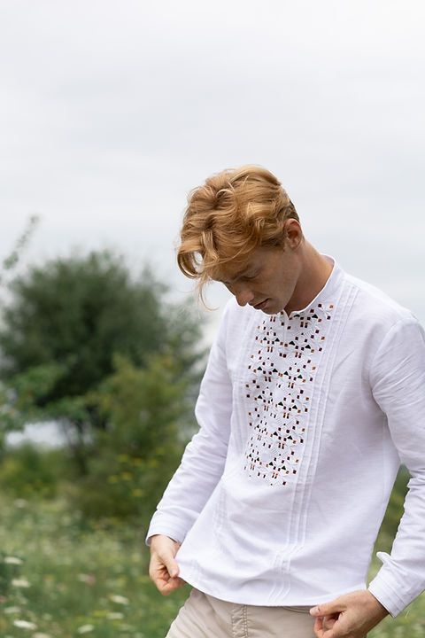 Men's white shirt with geometric embroidery, S