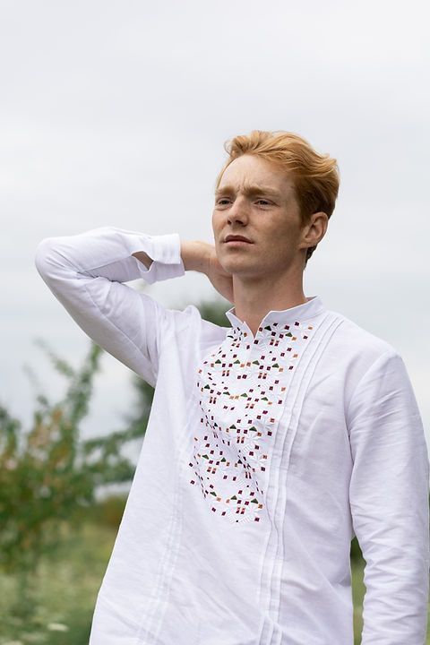 Men's white shirt with geometric embroidery, S