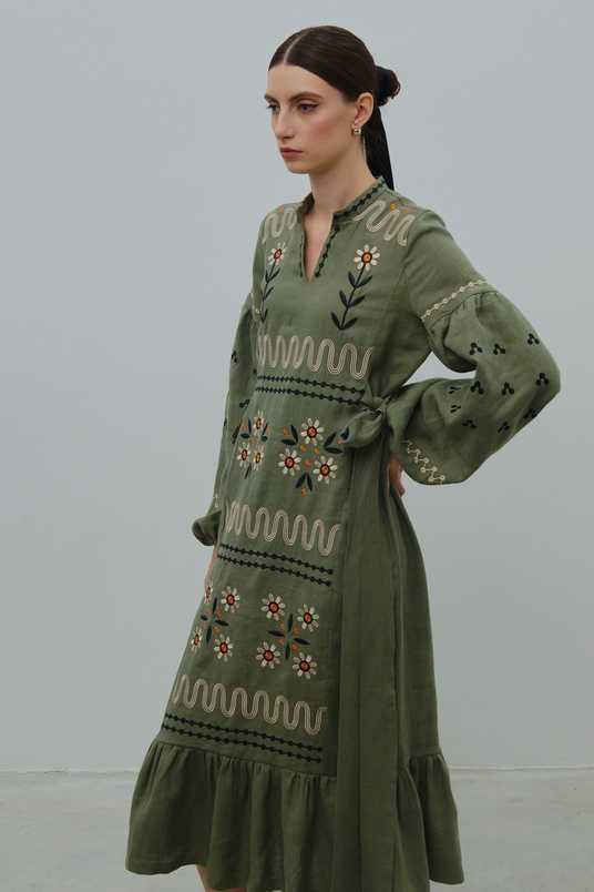 Long embroidered linen dress "Blossom" khaki - Nezalezhni. Embroidered  shirts & Ukrainian souvenirs in Odesa.